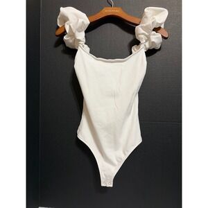 Express White Ruffle Puff Sleeve Square Neck Bodysuit S Cotton Stretch Career